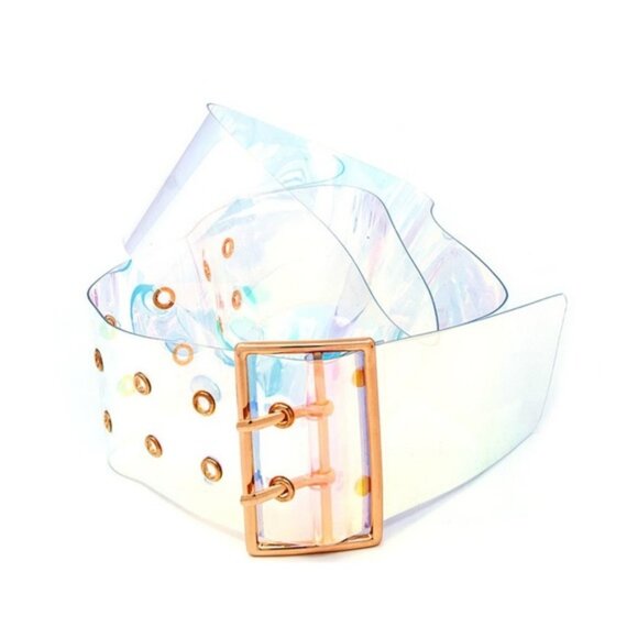 Holographic Transparent PVC Belt Wide Width Gold Double Grommets Size OS - Picture 1 of 3